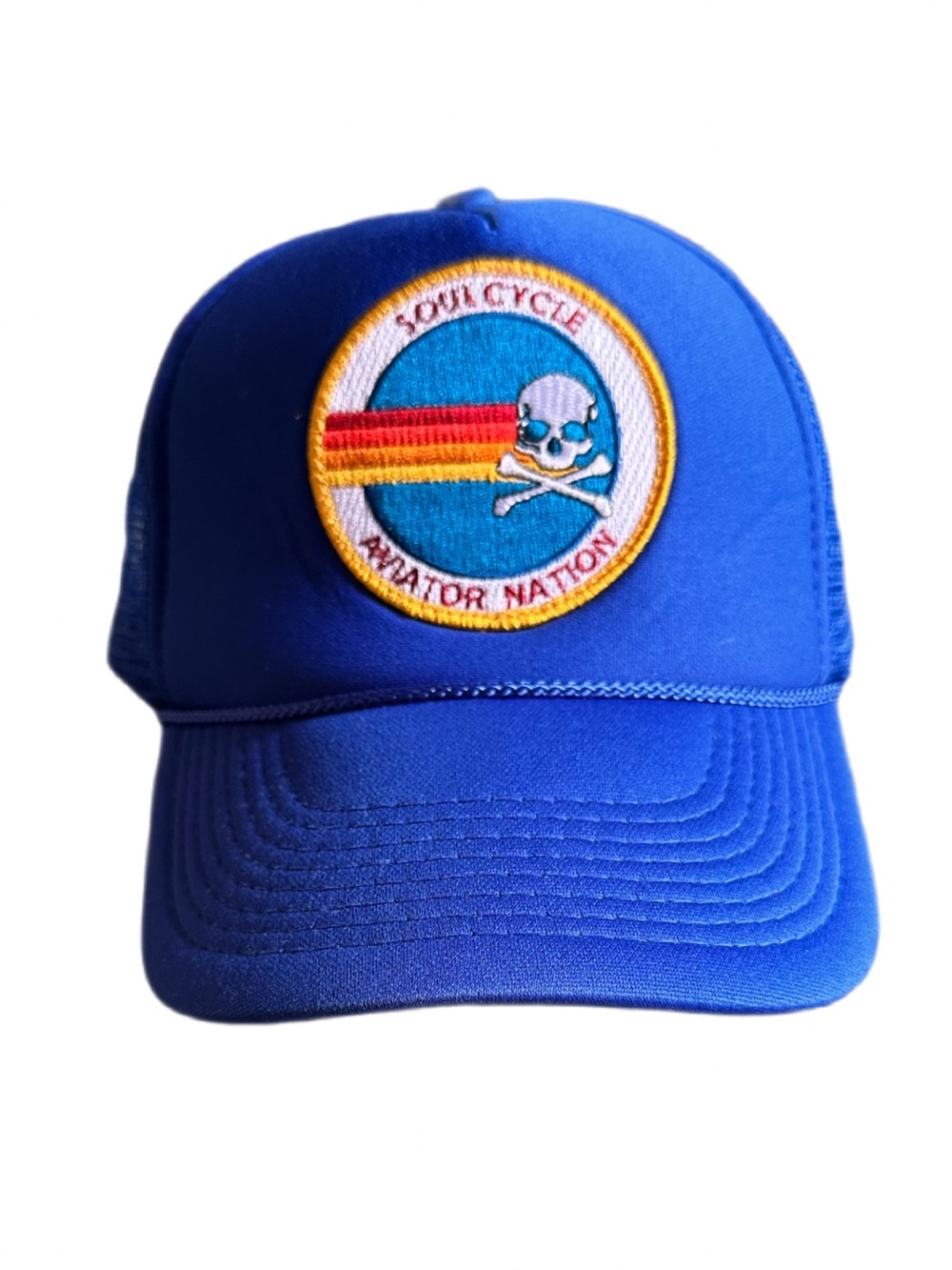 Aviator Nation x SoulCycle Rainbow Skull Snapback Mesh Trucker Hat Blue